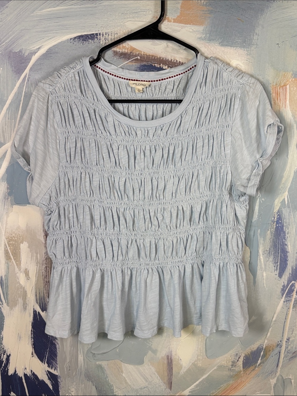 PILCRO Anthropologie Tabby Smocked Peplum Top Light Blue Cotton Short Sleeve M